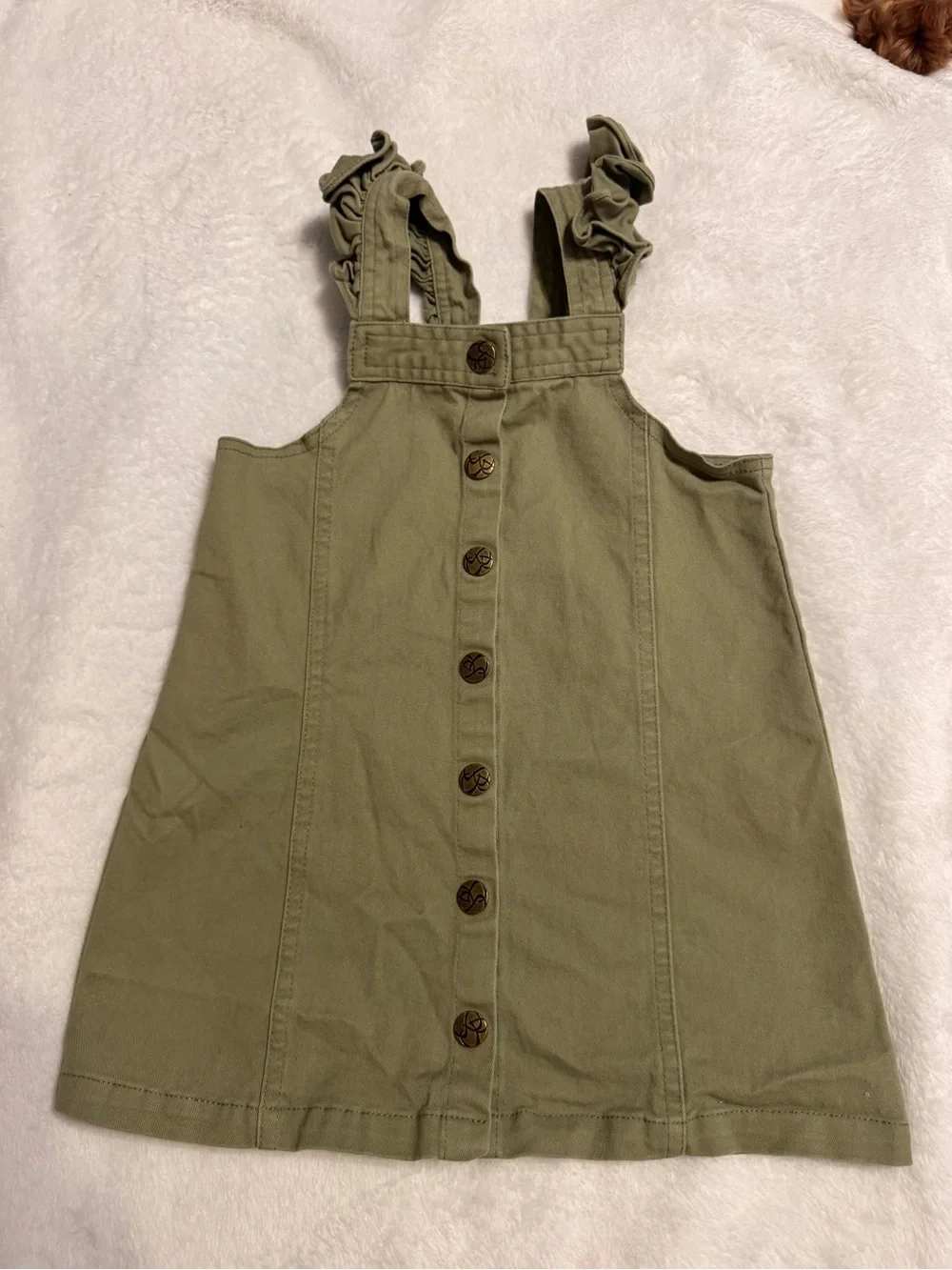 Girls Olive Green Button-Front Pinafore Dress